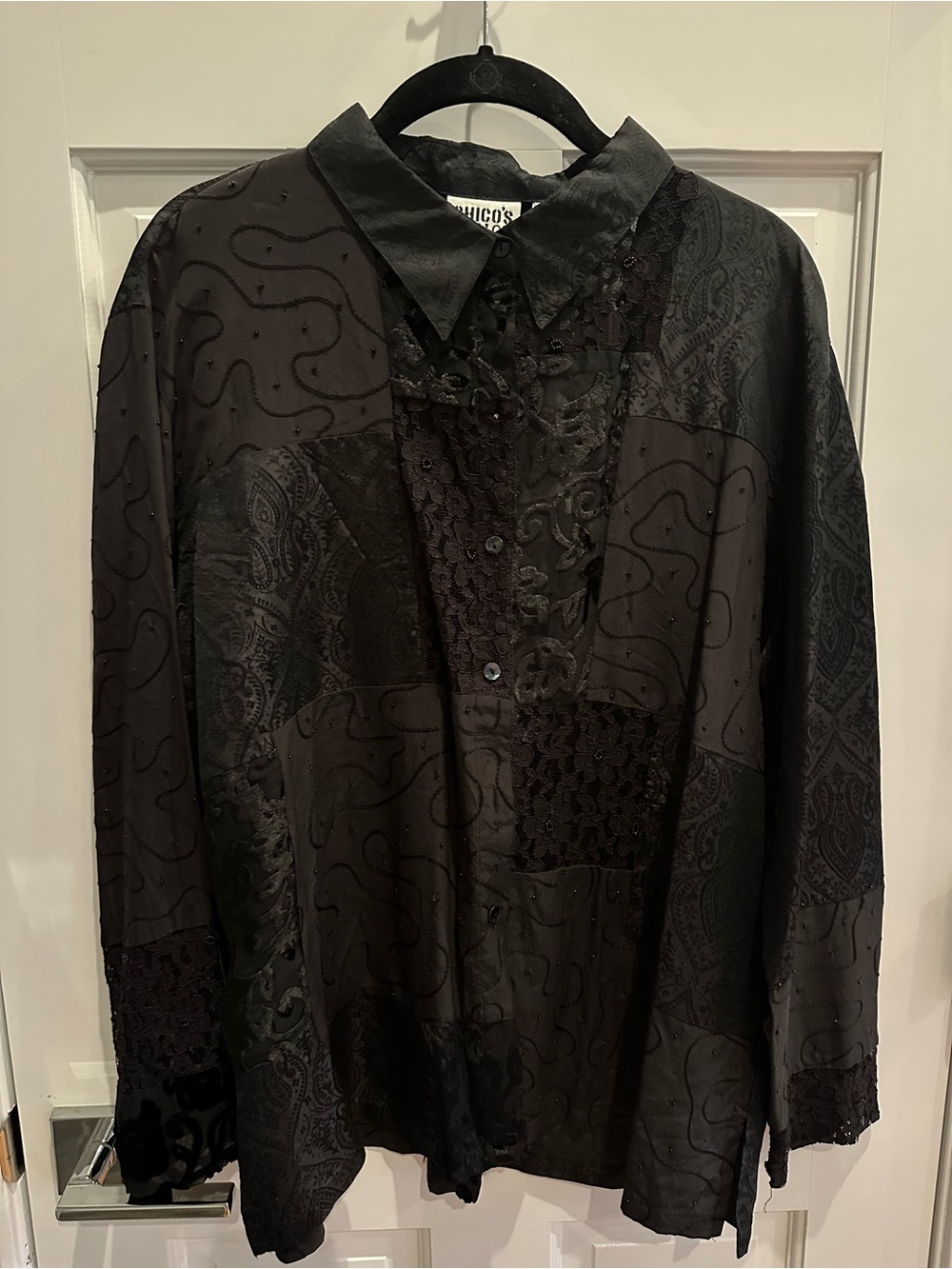 Chico's Black Patchwork Paisley Button-Front Blouse